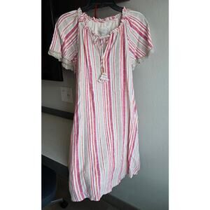 Nwt Linen Blend Pink Stripe Cupio Boho Tie Neck Raglan Sleeve Pocket Dress Small